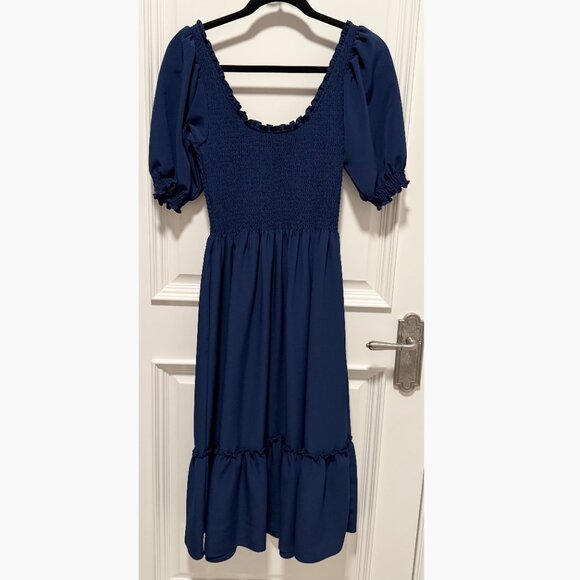 Hill House Louisa Nap Dress XS Navy Crepe Puff Sleeve Midi Wrinkle-Free - Picture 5 of 7